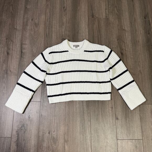 J.Crew Heritage Cotton Fisherman Crewneck Sweater WMNS M White Blue Stripe Knit - Picture 2 of 6